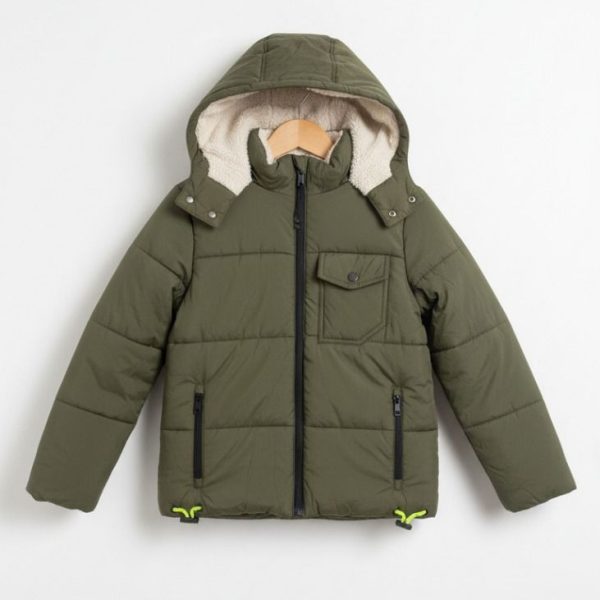 جاكيت أطفال زيتي شتوي مبطن بفرو صناعي، تصميم مقاوم