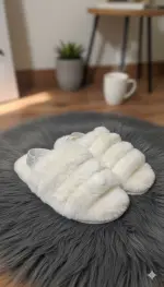 سليبر منزلي نسائي فرو ناعم باللون الأبيض الكريمي، تصميم مريح ودافئ لأجواء الشتاء