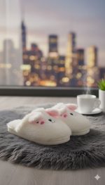 شبشب شتوي نسائي بتصميم أرنب لطيف، نعال فرو ناعم ودافئ للمنزل