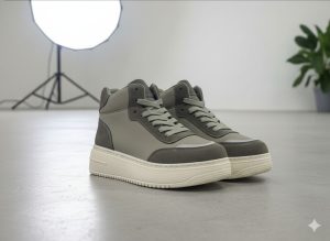 حذاء سنيكرز نسائي عصري عالي الرقبة بلون رمادي مطفٍ مع نعل سميك أبيض مائل للبيج، تصميم مريح وأنيق للاستخدام اليومي 1 WhatsApp Image 2025 11 01 at 2.47.41 PM 5