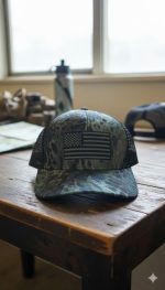 كاب رجالي عسكري زيتي مموه بخلفية شبكية وعلم مطرز