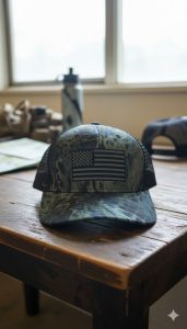 كاب رجالي عسكري زيتي مموه بخلفية شبكية وعلم مطرز 1 WhatsApp Image 2025 11 01 at 3.06.41 PM