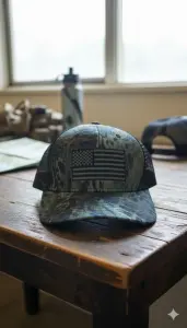 كاب رجالي عسكري زيتي مموه بخلفية شبكية وعلم مطرز 1 WhatsApp Image 2025 11 01 at 3.06.41 PM