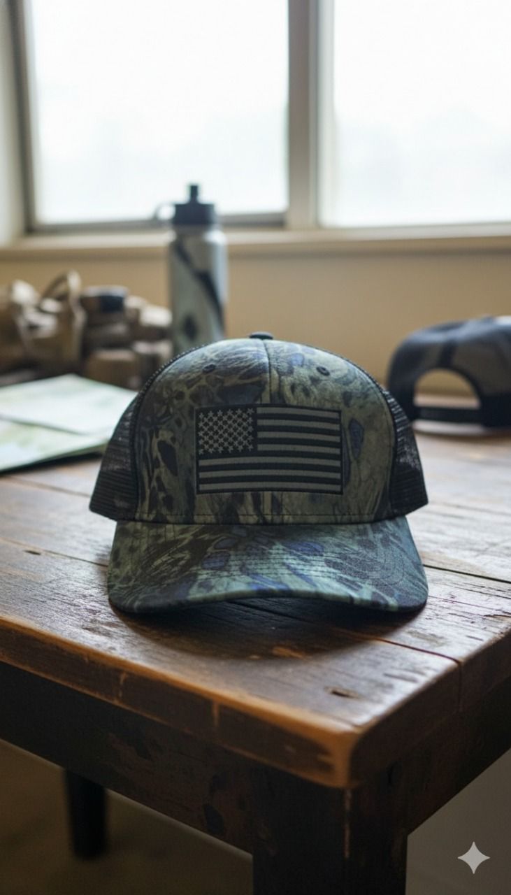 كاب رجالي عسكري زيتي مموه بخلفية شبكية وعلم مطرز، تصميم كاجوال متين وأنيق كاب رجالي عسكري زيتي مموه بخلفية شبكية وعلم مطرز