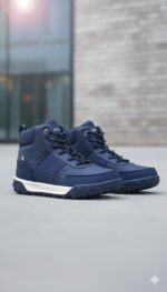 حذاء رياضي أطفال عالي العنق باللون الكحلي، تصميم عصري مقاوم للماء بنعل مطاطي مانع للانزلاق ومريح للمشي