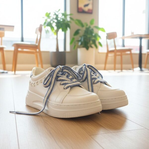 شوز رياضي نسائي أبيض بنعل مرتفع وخيوط زرقاء، تصميم كاجوال