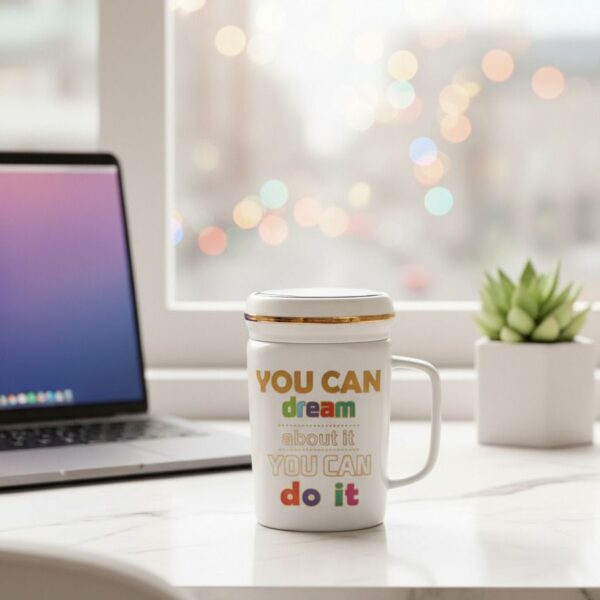 كوب سيراميك بعبارة تحفيزية ولمسات ذهبية، تصميم أنيق وملهم للاستخدام اليومي