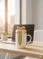 كوب سيراميك فاخر بغطاء فيونكة ذهبي، تصميم أنيق للهدايا والاستخدام اليومي