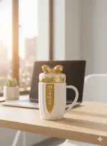 كوب سيراميك فاخر بغطاء فيونكة ذهبي، تصميم أنيق للهدايا والاستخدام اليومي