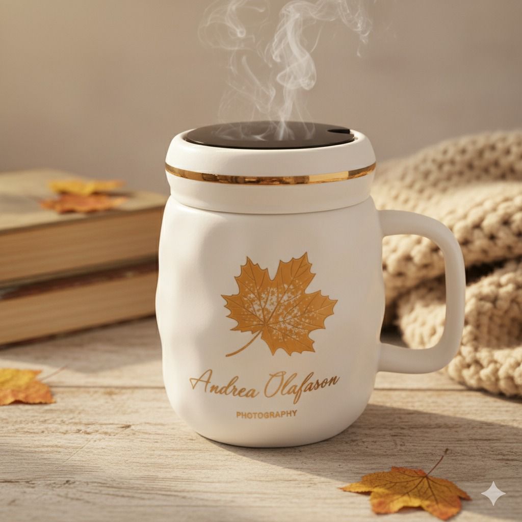 كوب خزفي فاخر بتصميم ورقة شجر خريفية ولمسات ذهبية، إصدار مخصص بشعار Andrea Olafason Photography كوب خزفي فاخر بتصميم ورقة شجر خريفية ولمسات ذهبية