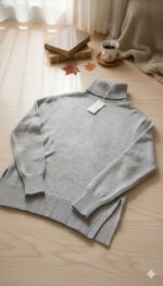 بلوفر نسائي صوفي رمادي برقبة عالية، تصميم شتوي أنيق ودافئ
