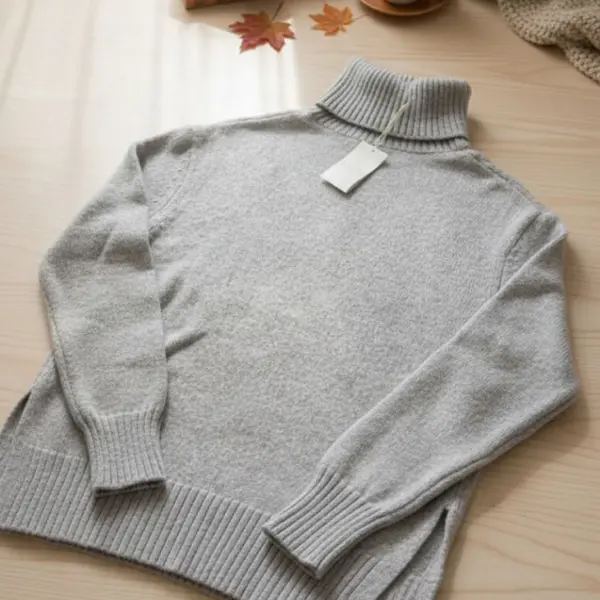 بلوفر نسائي صوفي رمادي برقبة عالية، تصميم شتوي أنيق ودافئ