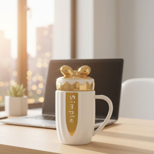 كوب سيراميك فاخر بغطاء فيونكة ذهبي، تصميم أنيق للهدايا والاستخدام اليومي