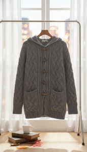 كارديجان نسائي شتوي ثقيل بحياكة مجدولة مع غطاء رأس وأزرار خشبية، رمادي داكن أنيق ودافئ 1 WhatsApp Image 2025 11 02 at 2.52.55 PM 1