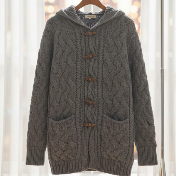 كارديجان نسائي شتوي ثقيل بحياكة مجدولة مع غطاء رأس