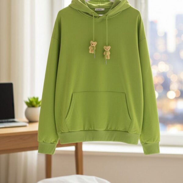 هودي نسائي أخضر ليموني من القطن مزين بدببة صغيرة