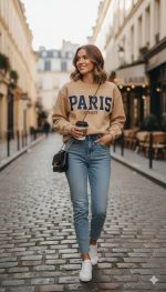 سويتشيرت نسائي بيج مطبوع PARIS LE MARAIS، تصميم شبابي مريح وعصري