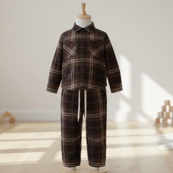 طقم شتوي ولادي بنقشة كارو، قميص وبنطال مريح