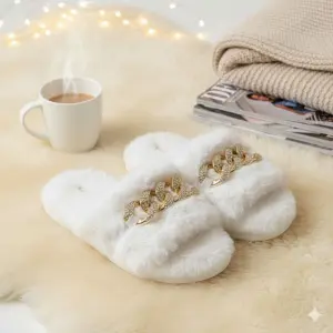 سليبر نسائي منزلي أبيض فاخر بفرو ناعم وسلسلة ذهبية، تصميم أنيق ودافئ مناسب للاستخدام اليومي داخل المنزل أو كهدية أنيقة 1 WhatsApp Image 2025 11 03 at 12.50.12 PM 7