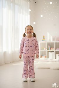 سوت بناتي قطنية وردية بنقشات لطيفة، تصميم مريح ودافئ مثالية للاستخدام اليومي أو كهدية عملية وأنيقة 1 WhatsApp Image 2025 11 03 at 3.20.15 PM