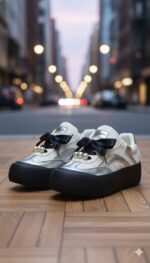 سنيكرز نسائي فضي أنيق بلمسات لؤلؤية ورباط ساتان أسود