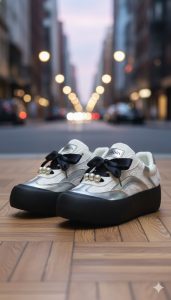 سنيكرز نسائي فضي أنيق بلمسات لؤلؤية ورباط ساتان أسود، تصميم عصري مريح وكاجوال 1 WhatsApp Image 2025 11 03 at 3.20.15 PM 3