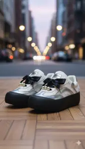 سنيكرز نسائي فضي أنيق بلمسات لؤلؤية ورباط ساتان أسود، تصميم عصري مريح وكاجوال 1 WhatsApp Image 2025 11 03 at 3.20.15 PM 3