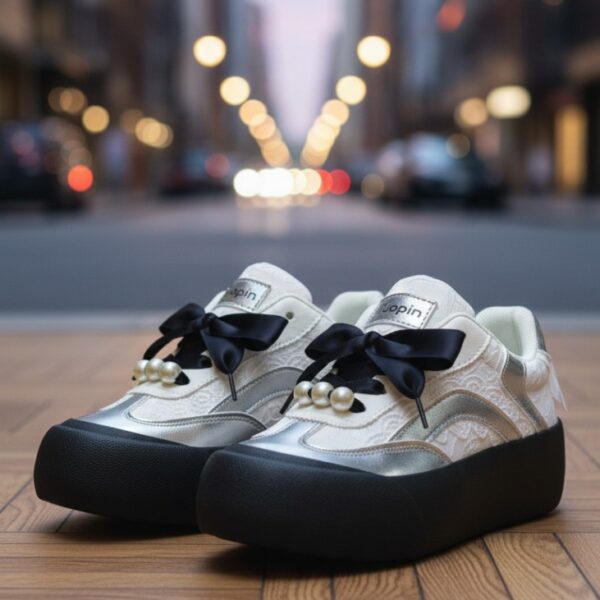 سنيكرز نسائي فضي أنيق بلمسات لؤلؤية ورباط ساتان أسود