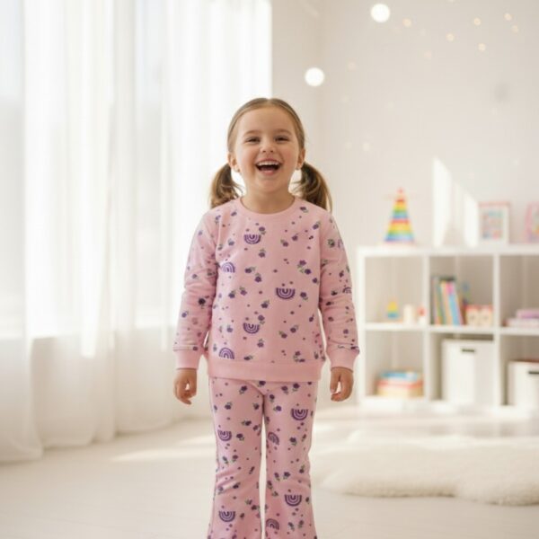 سوت بناتي قطنية وردية بنقشات لطيفة، تصميم مريح ودافئ