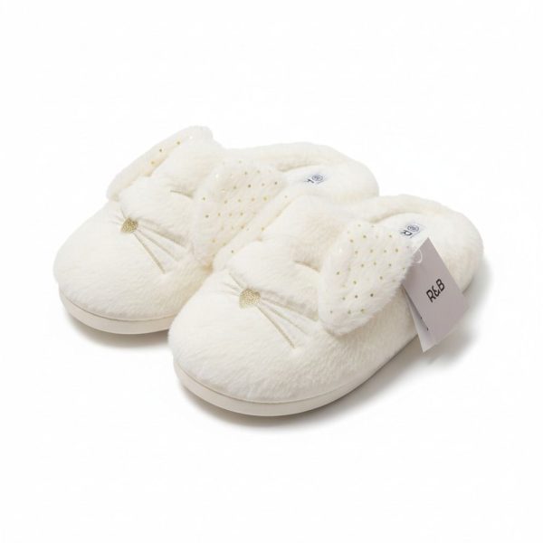 سليبر نسائي شتوي فرو ناعم أوف وايت بتصميم أرنب لطيف ودافئ للمنزل، مثالي للاستخدام اليومي