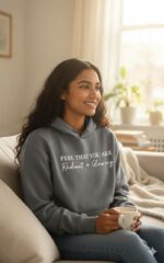 هودي نسائي رمادي بنقش تحفيزي، تصميم عصري مريح من خامة قطنية ناعمة