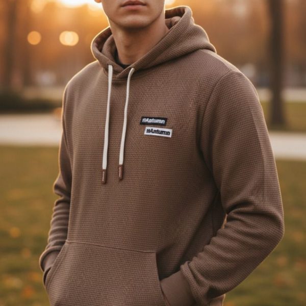 هودي رجالي محبوك قطن بلون بيج وبني، تصميم بسيط