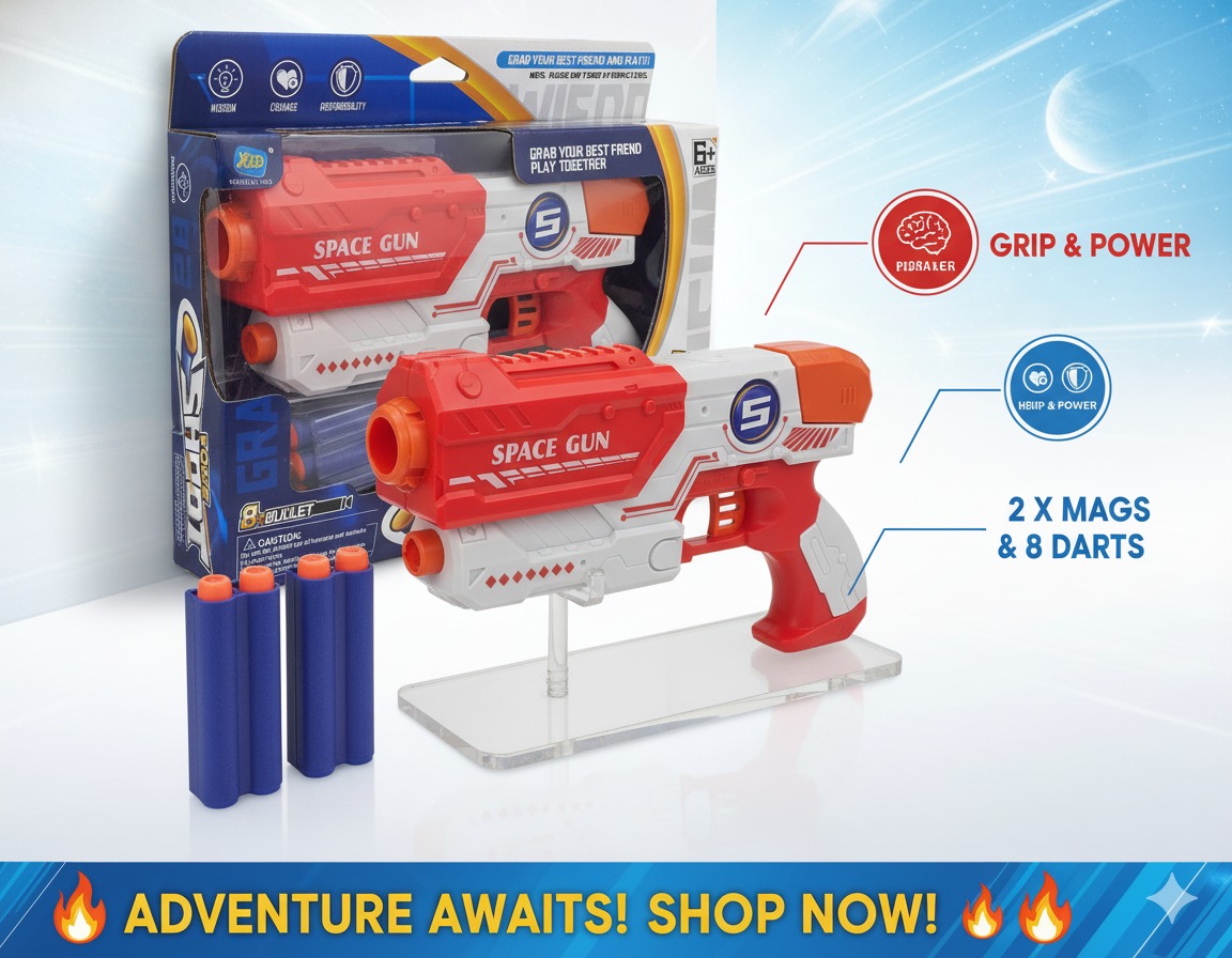لعبة مسدس الفضاء للأطفال SPACE GUN، تصميم آمن ومريح مع سهام إسفنجية لعبة مسدس الفضاء للأطفال SPACE GUN، تصميم آمن ومريح