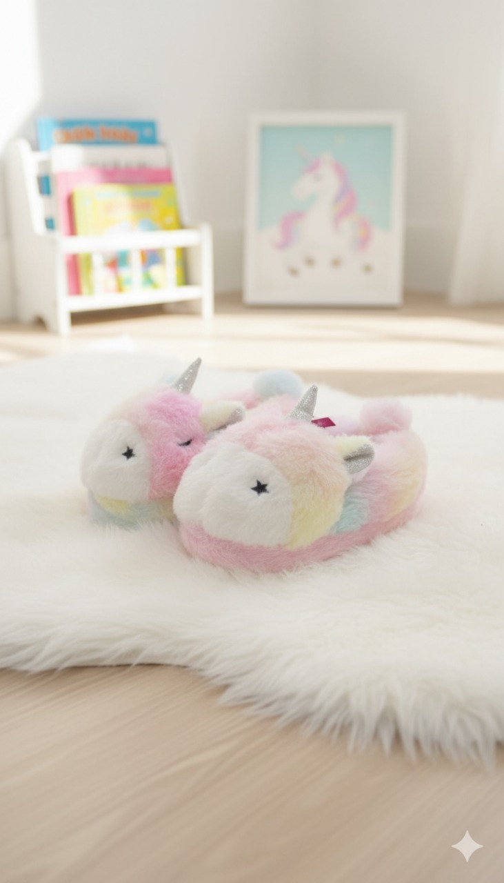 لكلوك أطفال فرو شتوي بشكل يونيكورن، تصميم دافئ وأنيق بألوان باستيل، مناسب للاستخدام اليومي في الأجواء الباردة لكلوك أطفال فرو شتوي بشكل يونيكورن، تصميم دافئ وأنيق بألوان باستيل