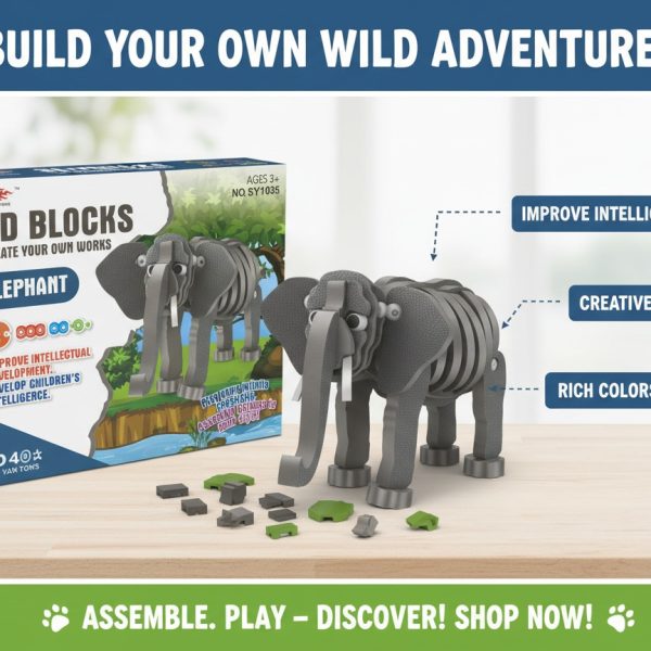 لعبة مكعبات بناء فيل ثلاثية الأبعاد للأطفال، لتنمية الذكاء والمهارات، خامات آمنة وخفيفة