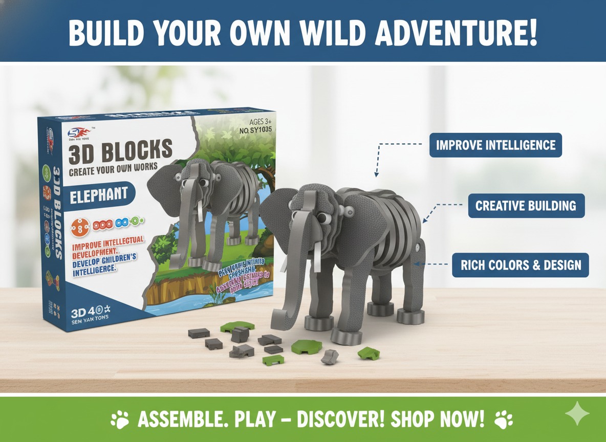 لعبة مكعبات بناء فيل ثلاثية الأبعاد للأطفال، لتنمية الذكاء والمهارات، خامات آمنة وخفيفة الوزن مناسبة للأطفال الصغار لعبة مكعبات بناء فيل ثلاثية الأبعاد للأطفال، لتنمية الذكاء والمهارات، خامات آمنة وخفيفة