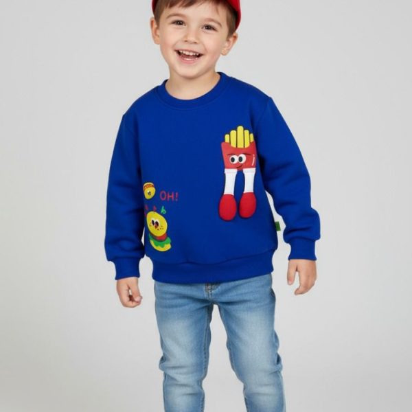 سويتشيرت أطفال أزرق برسومات كرتونية مجسمة