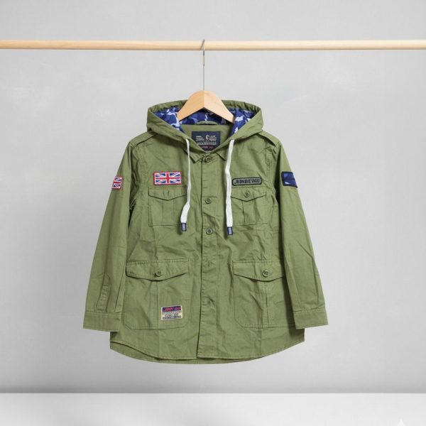 جاكيت أطفال زيتي بتصميم عسكري وغطاء رأس، أنيق ومريح للشتاء، مثالي للمدرسة