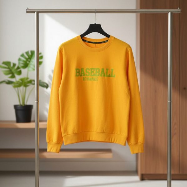سويتشيرت أطفال أصفر قطن مطبوع BASEBALL، تصميم مريح وأنيق