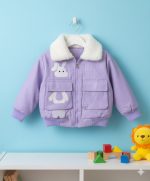 جاكيت أطفال موف مبطن فرو بتصميم أرنب، دافئ وناعم للشتاء، بطانة فرو داخلية