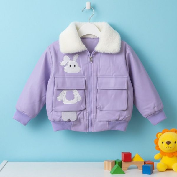 جاكيت أطفال موف مبطن فرو بتصميم أرنب، دافئ وناعم للشتاء، بطانة فرو داخلية