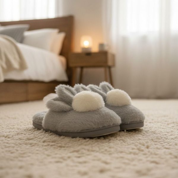 سليبر فرو نسائي رمادي شتوي بتصميم أرنب، ناعم ودافئ للاستخدام المنزلي