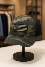 كاب رجالي عسكري كاكي مموه بخلفية شبكية وعلم مطرز