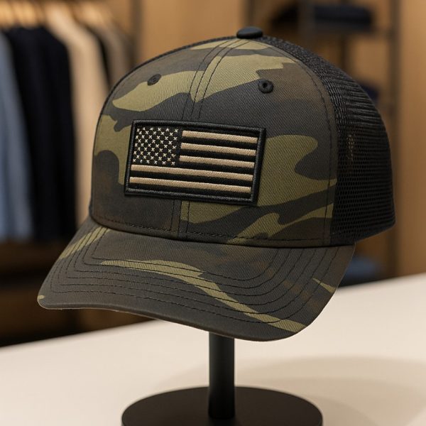 كاب رجالي عسكري كاكي مموه بخلفية شبكية وعلم مطرز