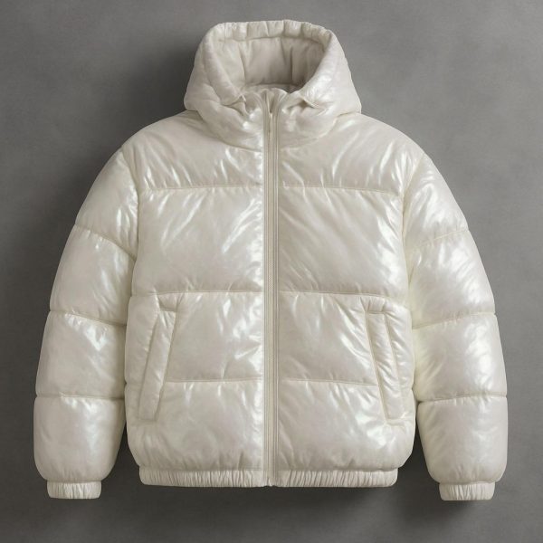 جاكيت شتوي نسائي أبيض لؤلؤي مبطن طويل الأكمام، تصميم أنيق وعازل للبرد