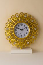 ساعة ديكور زهرة الشمس الذهبية بالكريستال، تصميم فاخر