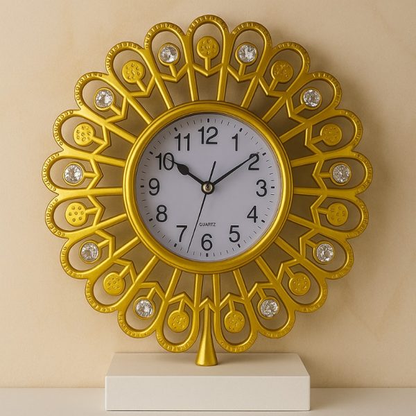 ساعة ديكور زهرة الشمس الذهبية بالكريستال، تصميم فاخر