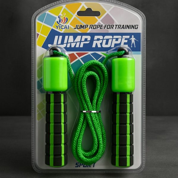 حبل نط رياضي للأطفال بلون أخضر وأسود بمقابض مريحة وآمنة، مناسب للاستخدام في الداخل والخارج