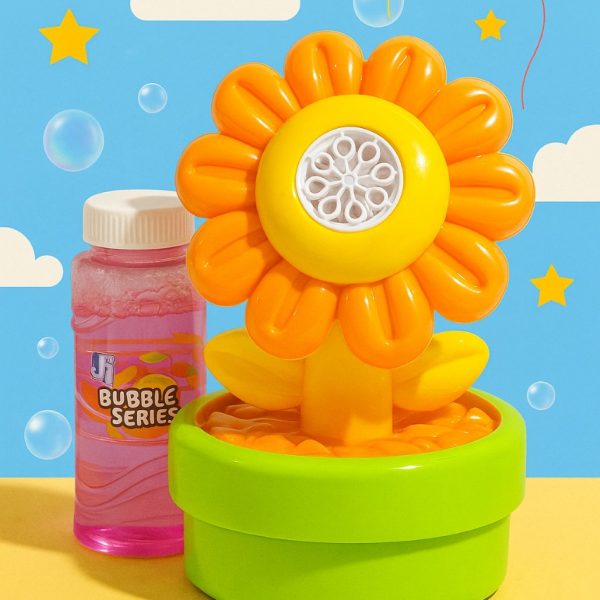 آلة فقاعات للأطفال بتصميم زهرة وألوان مبهجة، تشمل سائل الفقاعات