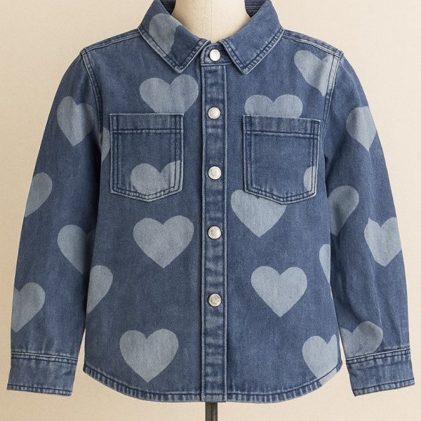 قميص جينز أطفال بنقشة قلوب، تصميم كاجوال أنيق للبنات